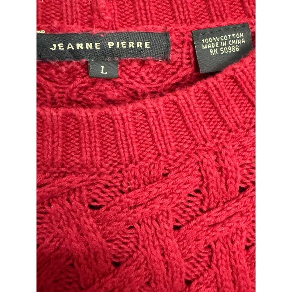 Jeanne Pierre Cable Knit Sweater Large 100% Cotton Red Crewneck Chunky Knit - Picture 5 of 5